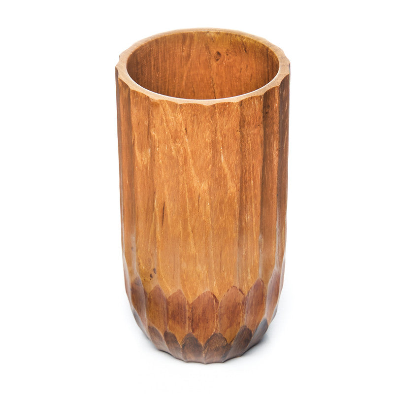 Hand-Painted Triple-Toned Grooved Teak Wood Cup Jar Container - Large
