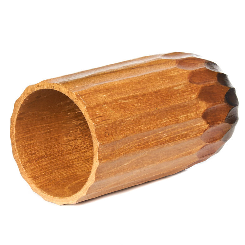 Hand-Painted Triple-Toned Grooved Teak Wood Cup Jar Container - Large