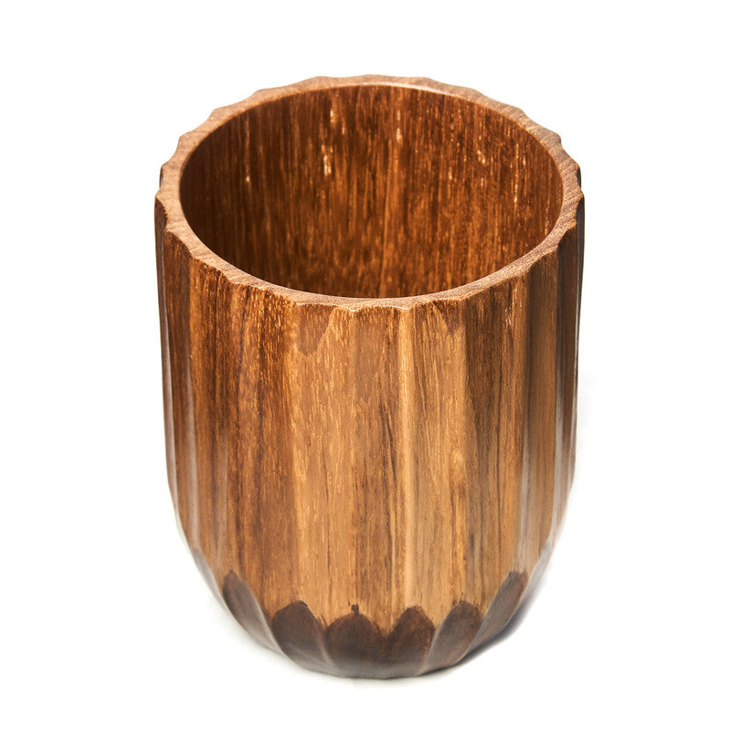 Hand-Painted Two-Toned Grooved Teak Wood Cup Jar Container - Small